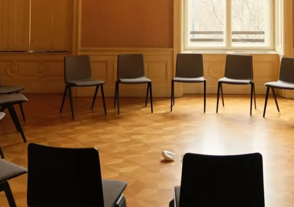 In einem Raum mit Holzfußboden und großen Fenstern ist ein Kreis von leeren Stühlen angeordnet; in der Mitte liegt ein einzelner weißer Gegenstand auf dem Boden.