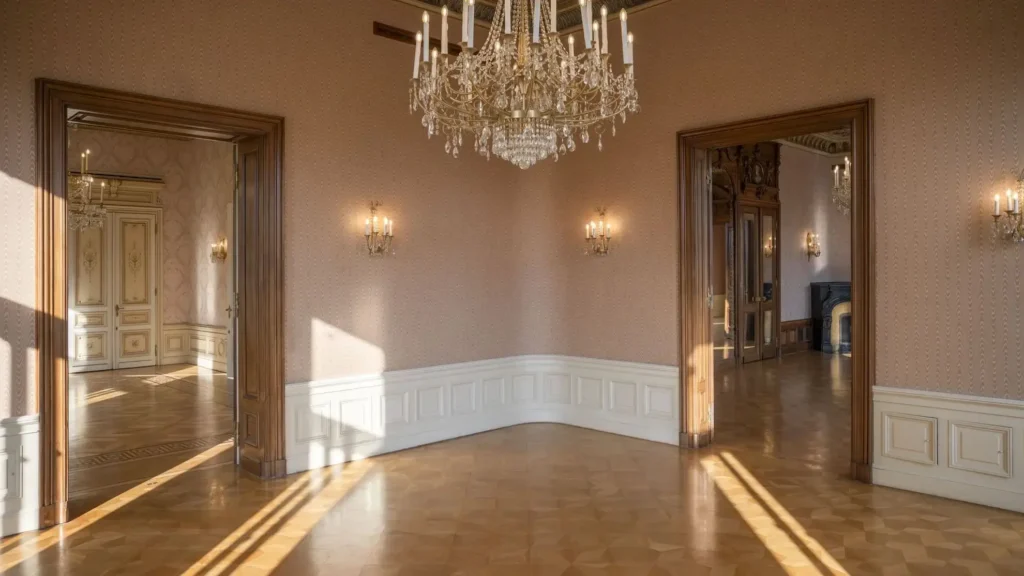 Ein leerer, eleganter Raum mit Parkettboden, einem zentralen Kristalllüster, Wandleuchten und zwei offenen Türen, die zu angrenzenden Räumen mit ähnlicher Ausstattung führen. Das Sonnenlicht wirft Schatten auf den Boden.