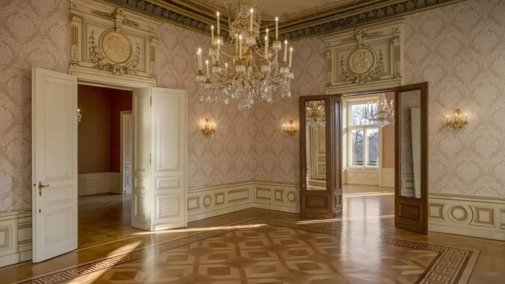 Elegant, empty room with ornate wallpaper, parquet flooring, chandeliers, wall sconces, and open doors revealing more decorated rooms and natural light from large windows.