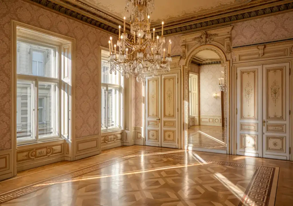 Eleganter, sonnendurchfluteter Raum, der sich perfekt für Veranstaltungen oder Tagungen eignet, mit verzierten Kronleuchtern, großen Fenstern, gemusterten Parkettböden und detaillierten Stuckarbeiten an cremefarbenen Wänden und Türen.