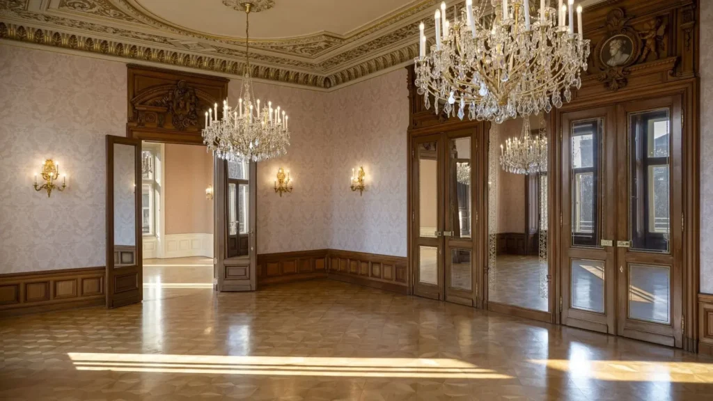Elegant, empty room with parquet flooring, ornate chandeliers, tall mirrors, wooden paneling, and decorative moldings on the ceiling and walls. Sunlight streams in through tall windows.