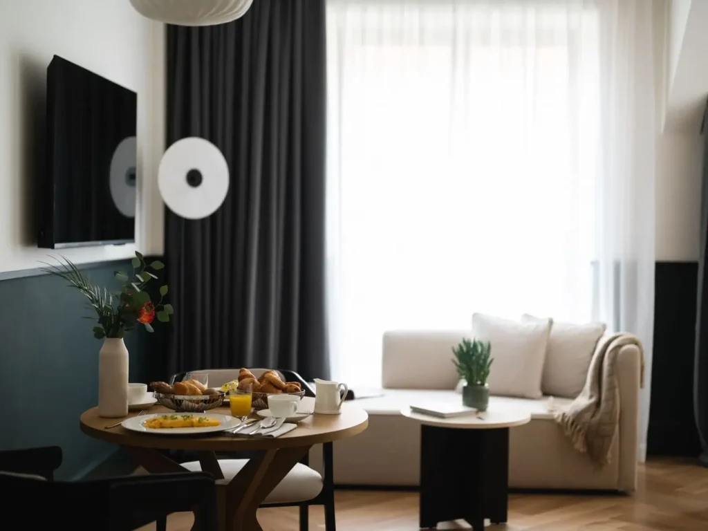 A modern Junior Suite living room features a round table set for breakfast, a white sofa, a coffee table with a plant, and large windows with sheer curtains.