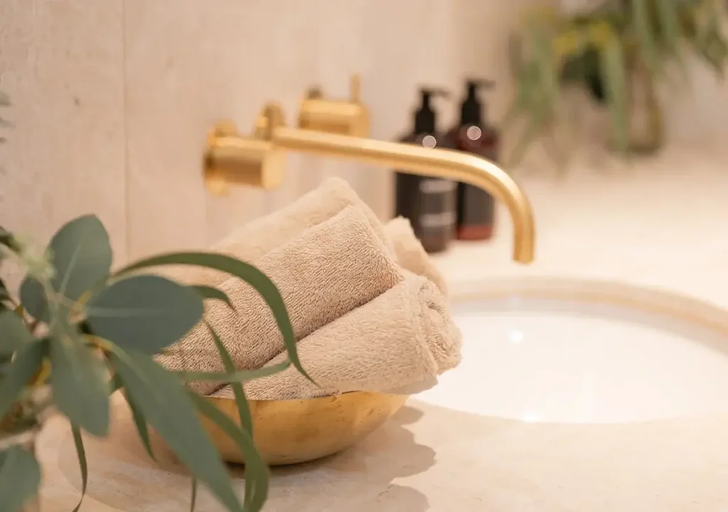 Ein goldener Wasserhahn über einem Waschbecken mit einer goldenen Schale, in der aufgerollte beigefarbene Handtücher liegen, sorgt für eine Spa-Atmosphäre; Seifenspender und grünes Laub im Hintergrund verstärken das Gefühl von Wellness.