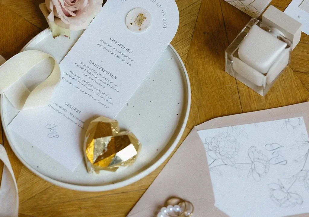 A wedding menu on a white plate next to a gold heart, a pink flower, an illustrated card, ribbon, jewelry, and a clear box with a white ring box inside on a wooden table.