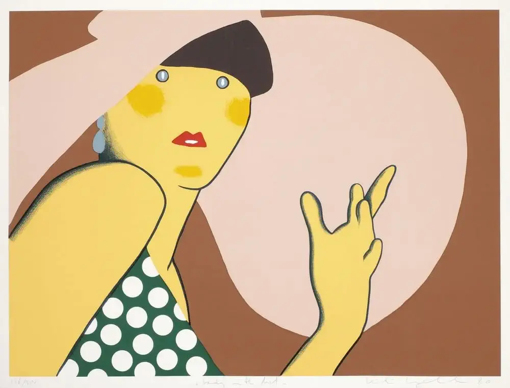 A stylized illustration of a woman with yellow skin wearing a green polka dot top and a large pink hat, looking over her shoulder with one hand raised.