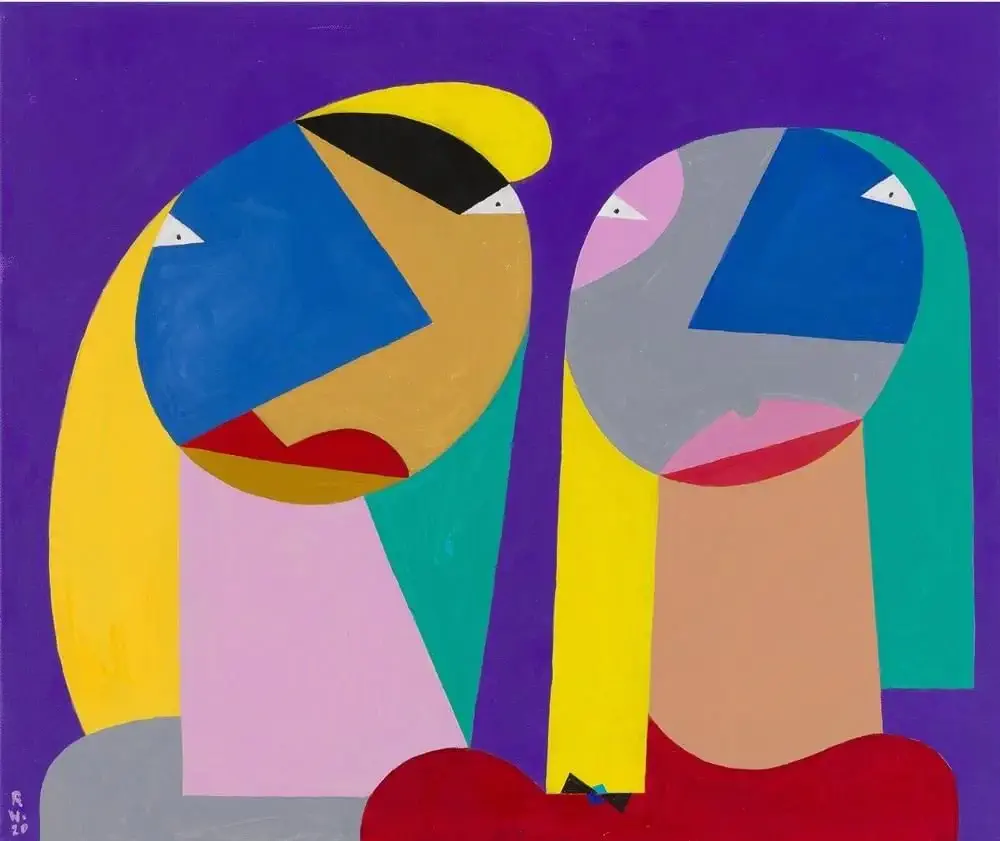 Zwei abstrakte, farbenfrohe Figuren mit geometrischen Formen und kräftigen Farben stehen Seite an Seite vor einem lila Hintergrund im kubistischen Stil.