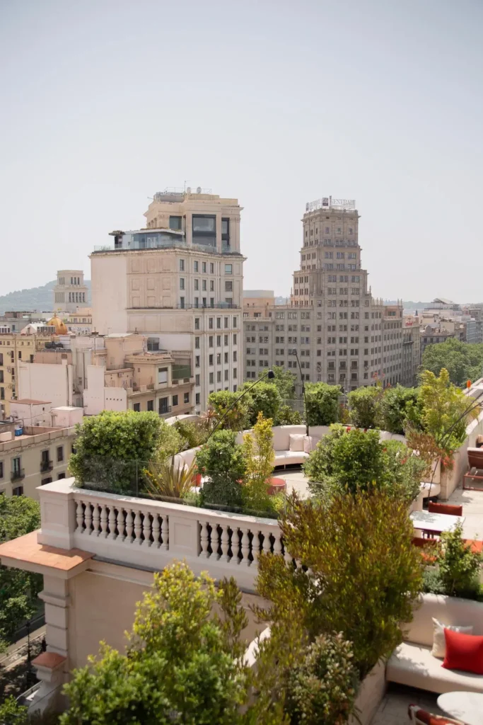 Rooftop terrace with greenery and lounge seating overlooks city buildings under a clear sky.