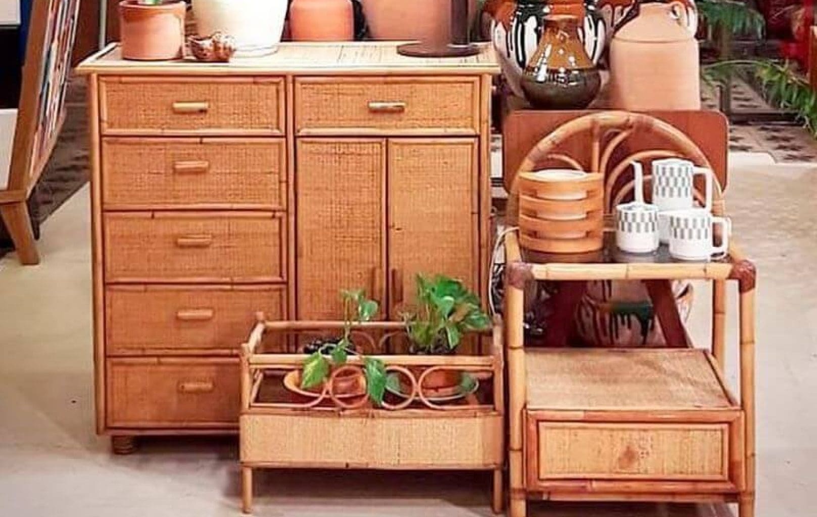 Un armari de vímet, una taula auxiliar i una cadira s'exposen amb plantes en test, ceràmica i plats apilats en un entorn de botiga.