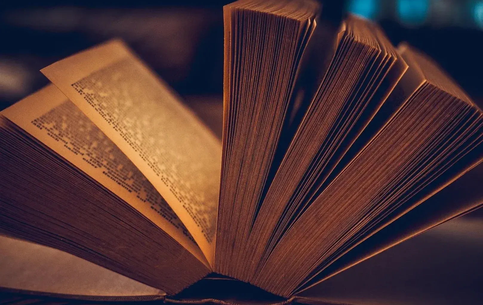 Close-up view of an open book with its pages fanned out, showing printed text under warm lighting.