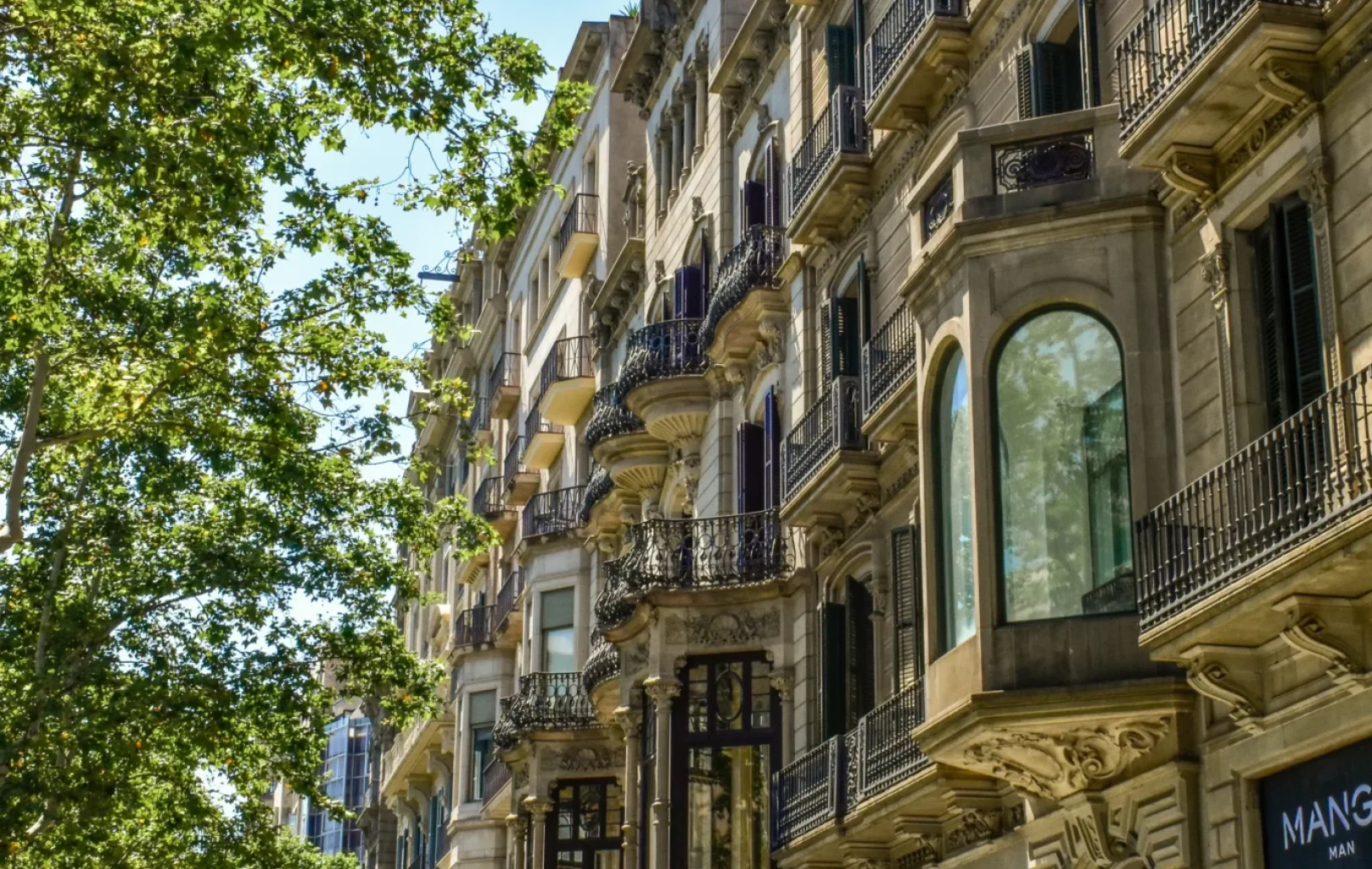 People stroll along a tree-lined street in Barcelona next to historic multi-story buildings with balconies and shops at ground level, enjoying the sunny day.