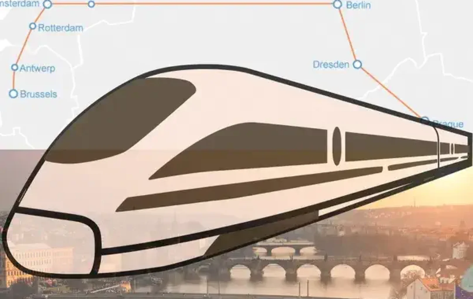 Illustration of a high-speed train overlaid on a map showing the All Aboard Package route from Amsterdam to Prague, with cities highlighted and a cityscape background visible.