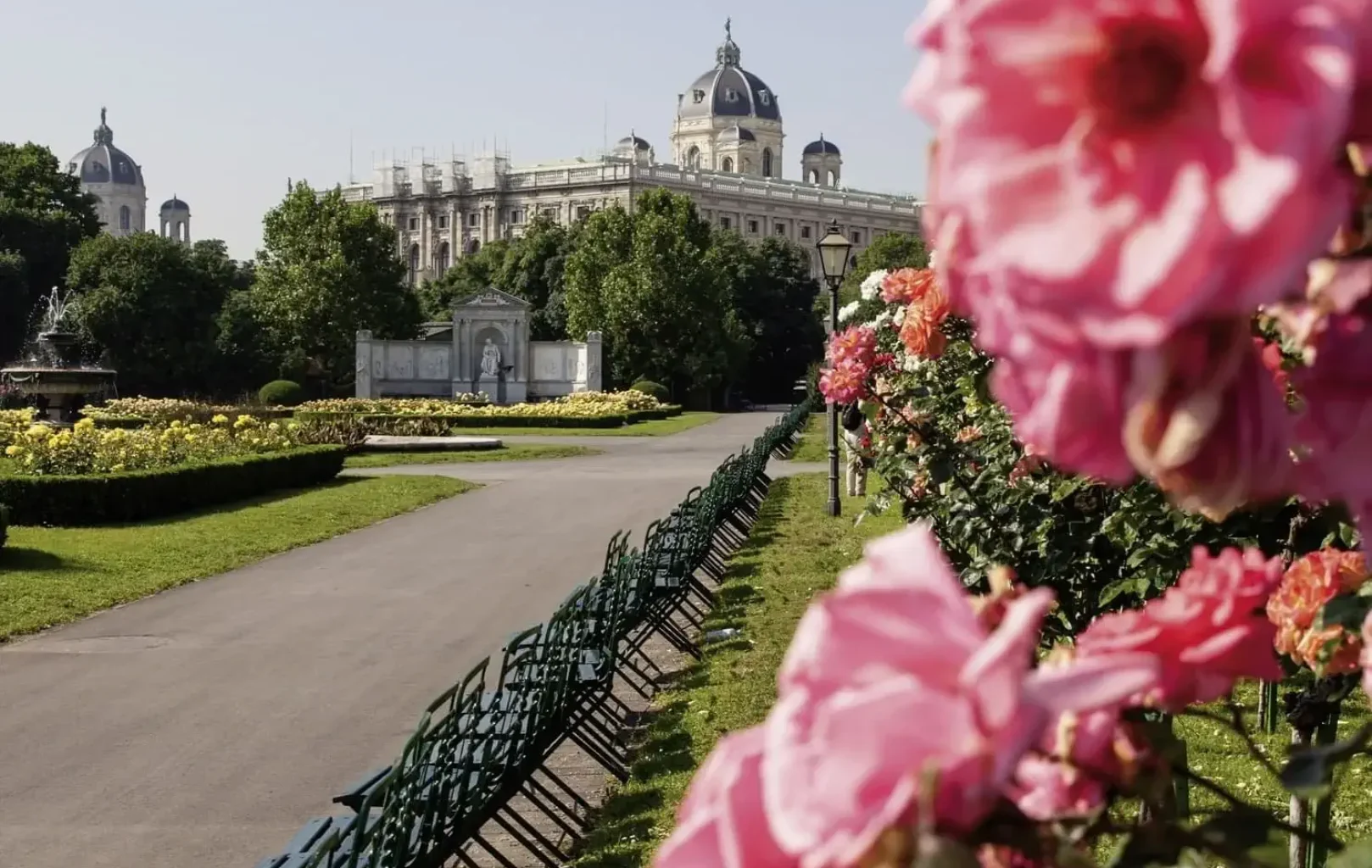 Pink flowers in the foreground bring Summer Elegance to a path lined with green chairs, leading to a historic building under a clear sky.